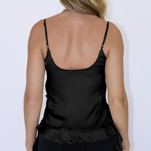 NWOT Womens Silk Spaghetti Strap Tank Tops Ruffle Going Out V-Neck Camisole, S - Picture 4 of 11